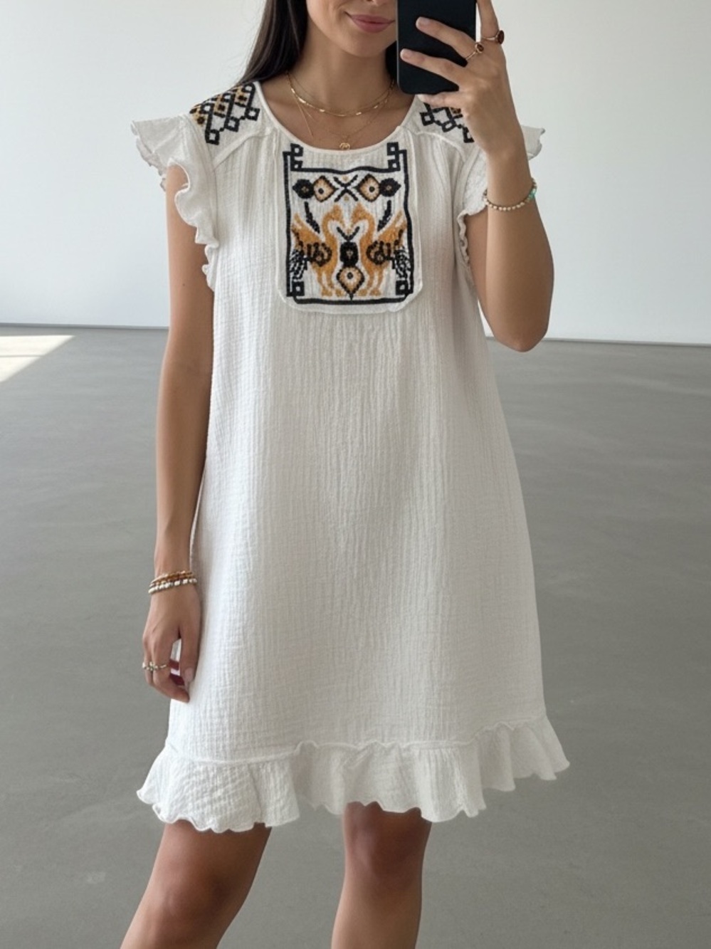 Max Studio London White Cotton Gauze Embroidered Boho Mini Dress